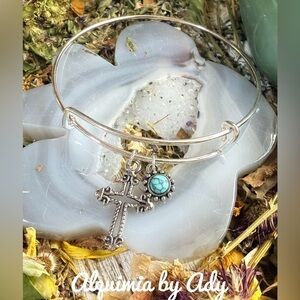 SILVER AND TURQUOISE CROSS CHARMS STACKABLE BRACELET